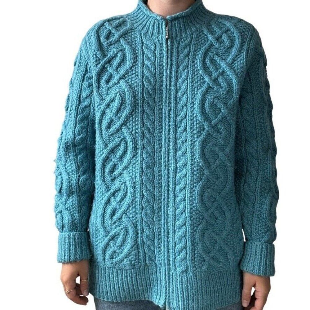 Vintage Womens Teal Blue 100% Wool Chunky Fisherman Celtic Cardigan Sz L - Picture 1 of 6